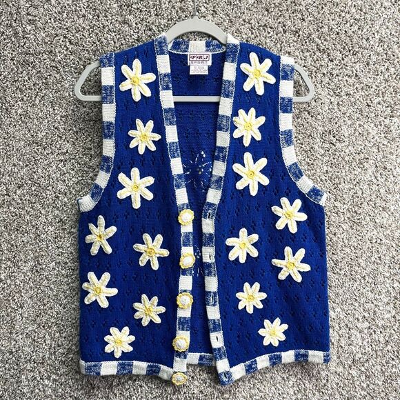 PBJ Sport Vest Women’s Small Blue Floral Embroidered Crochet Knit Vintage - Picture 1 of 6